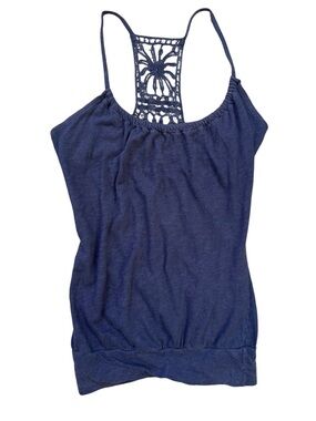 Navy Blue Crochet-Back Tank Top, 100% Cotton